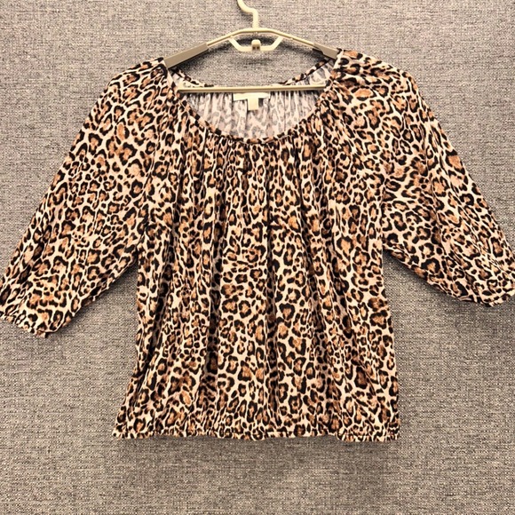 Michael Kors Womens Peasant Blouse 2X Leopard Print 3/4 Sleeve Brown Black Soft - Picture 1 of 12